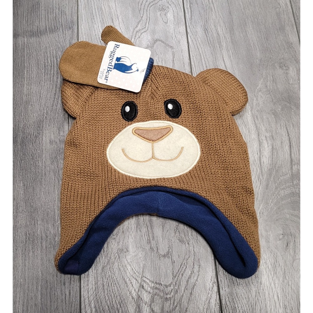 Rugged Bear Stocking Hat and Mittens Set Size 2T-4T Brown with Bear Face on Hat
